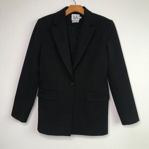 ILA WOMENS BLAZER JACKET BLACK LONGLINE STRUCTURE SHOULDER PADS 34